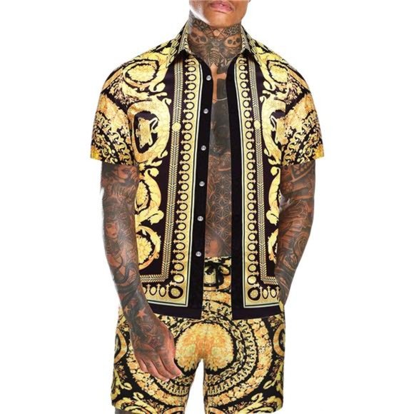 Men's Luxury 2 PC Casual Button Down Short Sleeve Hawaiian Shirt Suits